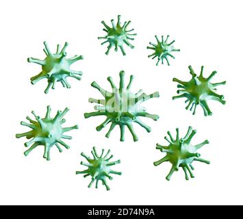 Viruszellinfektion. Mikroskopische Ansicht der schwimmenden Viruszelle. 3d-Illustration Stockfoto