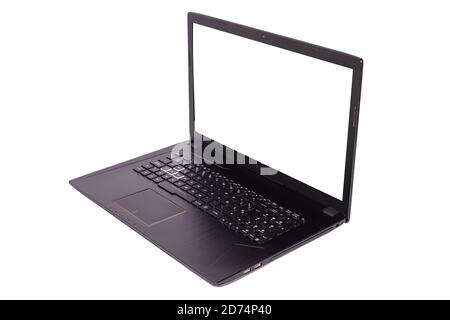 Schwarzer Laptop mit Bildschirm in 90 Grad isoliert auf weißem Hintergrund. Notebook mit leerem Bildschirm. Leerer Kopierplatz auf modernen mobilen Computern. Stockfoto