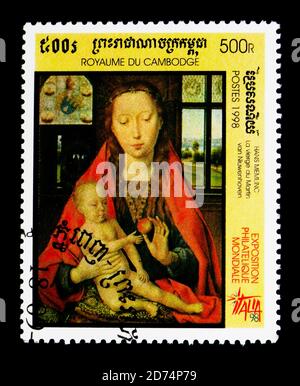 MOSKAU, RUSSLAND - 24. NOVEMBER 2017: Eine in Kambodscha gedruckte Briefmarke zeigt die Jungfrau von Martin van Niuwenhoven von H. Memling, Internationale Briefmarkenausstellung Stockfoto