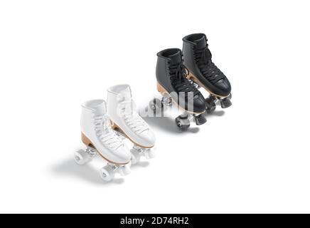 Blanke schwarz-weiße Rollschuhe mit Rädern Mockup Paar, Stockfoto