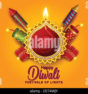 Happy Diwali Feier Hintergrund. Draufsicht auf Banner-Design mit Feuer-Cracker auf gelbem Hintergrund dekoriert. vektor-Illustration Stock Vektor