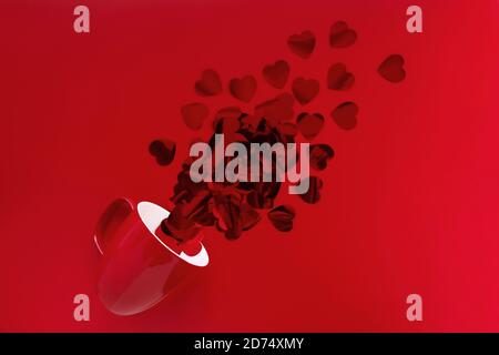 Lebhaft rote herzförmige Konfetti gegossen aus roten Tasse auf rotem Hintergrund. Monochrom-Modell für Ihr Design. Kreative trendige flache Lay mit Platz für Text. Liebe und Feier Konzept. Stockfoto