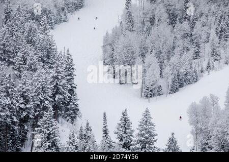 Skifahren in Deer Valley, Utah, in der Nähe von Salt Lake City während der Skisaison. Stockfoto