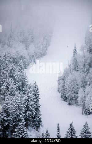 Skifahren im Deer Valley, Utah, in der Nähe von Salt Lake City im Winter. Stockfoto