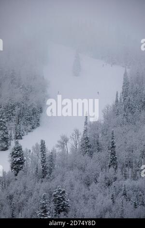 Skifahren im Deer Valley, Utah, in der Nähe von Salt Lake City im Winter. Stockfoto