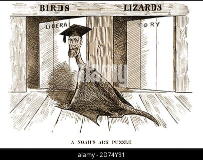 Eine frühe satirische Karikatur von Sir Michael Foster (1836 – 1907) als Fledermaus mit Mörsertafel. Er war ein englischer Physiologe, der maßgeblich an der Organisation der Cambridge Biological School beteiligt war.Er war auch Sekretär der Royal Society und Vater der experimentellen Physiologie in Cambridge. Die Karikatur spiegelt seine Aufgabe wider, verschiedene Arten zu trennen und vergleicht die Liberale Partei mit Vögeln und die Tories mit Eidechsen.Er gründete auch das Journal of Physiology. Stockfoto