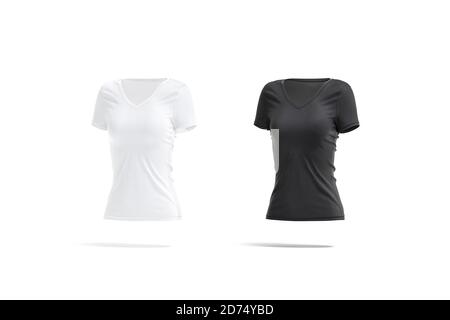 Blank schwarz und weiß Frauen Slimfit T-Shirt Mockup, Seitenansicht Stockfoto