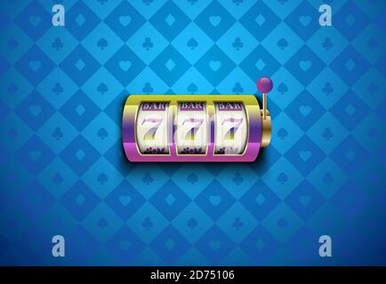 Vektor Regenbogen Farbe Casino Spielautomat mit glücklichen sieben. Blaue Seide geometrische Karte passt Hintergrund. Online Casino Webbanner, Logo oder Symbol. Gewinner Stock Vektor