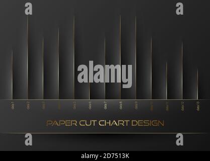 Schwarzes Papier Schnittdiagramm mit goldenen Elementen und Schatten. Vektor Gold vip Infografik Design Konzept. Luxus analytisches Diagramm dunkler Hintergrund. Stock Vektor