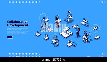 Banner zur gemeinsamen Entwicklung. Geschäftskonzept der Teamarbeit und der Partnerschaftsstrategie. Vektor Landing Page der Zusammenarbeit in Corporate Office mit isometrischen Menschen und Puzzleteile Stock Vektor