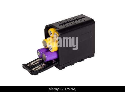Batteriehalter für die Kamera. Batterie Gehäuse. Auf weissem Hintergrund. Stockfoto