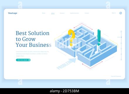 Beste Lösungen für Unternehmen wachsen isometrische Landing Page mit Labyrinth und Frage oder Ausrufezeichen im Inneren, Labyrinth Herausforderung, Ziel Achievement Strategie, professionelle Problemlösung, 3d-Web-Banner Stock Vektor
