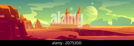 Alien Planet Landschaft für Raum Spiel Hintergrund. Vektor Cartoon Fantasy Illustration von Kosmos und Mars Oberfläche mit roten Wüste und Felsen, Satellit und Sterne am Himmel Stock Vektor