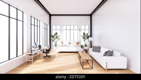 Loft-Zimmer mit Sofa und Pflanzen Dekoration auf Holzboden.3D Rendering Stockfoto