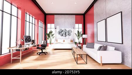 Rotes Design Loft-Stil Schlafzimmer Innendesign. 3D-Rendering Stockfoto