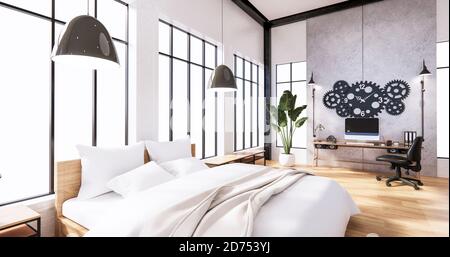 Die Loft-Stil Schlafzimmer Innenausstattung, Computer, Bürowerkzeug auf Schreibtisch, Sofa. 3D-Rendering Stockfoto