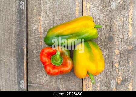 Frische bunte Paprika Box auf Holztisch. Ansicht von oben Stockfoto