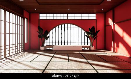 Das rote Zimmer ist geräumig im japanischen Stil und hell in natürlichen Farbtönen. 3D-Rendering Stockfoto
