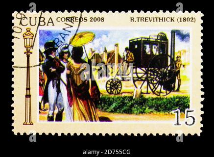 MOSKAU, RUSSLAND - 25. NOVEMBER 2017: Eine in Kuba gedruckte Briefmarke zeigt R.Trevihick (1802) , Vintage Cars Serie, um 2008 Stockfoto