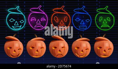 Große Set orange und Neon Kürbisse für Ihr Design auf dunklem Hintergrund. Figuren Halloween. Set des glücklichen und bösen Kürbis. Realistische 3D-Vektordarstellung Stock Vektor