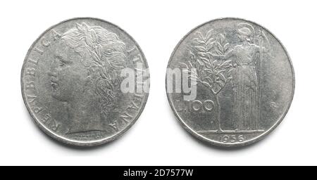 Alte italienische 100-Lire-Münze isoliert auf weißem Hintergrund. Stockfoto