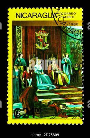 MOSKAU, RUSSLAND - 25. NOVEMBER 2017: Eine in Nicaragua gedruckte Briefmarke zeigt Ferdinand, Isabella, Columbus mit Besatzung vor Thron, Serie, um 1986 Stockfoto