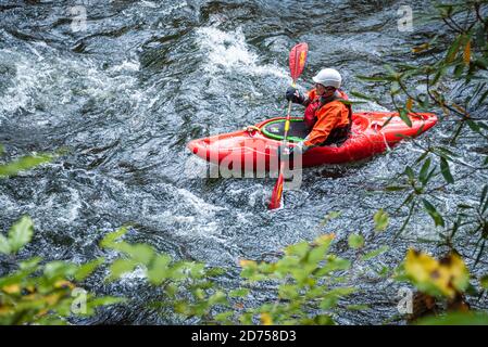 Kajakfahrer, der den Nantahala River in der Natahala Gorge in der Nähe von Bryson City, North Carolina, führt. (USA) Stockfoto