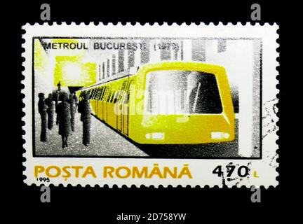 MOSKAU, RUSSLAND - 25. NOVEMBER 2017: Eine in Rumänien gedruckte Briefmarke zeigt die Bucharest Underground, means of Transport Serie, um 1995 Stockfoto