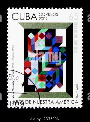 MOSKAU, RUSSLAND - 25. NOVEMBER 2017: Eine in Kuba gedruckte Briefmarke zeigt V. Vasarely, Art of our America Serie, um 2009 Stockfoto