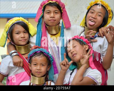 Fünf ausgelassene Myanmaresen Kayan Lahwi Langhalsgirls mit polierten Tribal Messing Halsringen ziehen Gesichter für die Kamera. Stockfoto