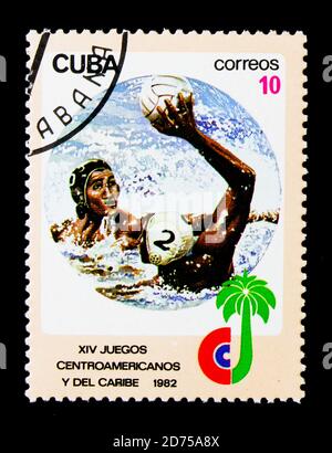 MOSKAU, RUSSLAND - 25. NOVEMBER 2017: Eine in Kuba gedruckte Marke zeigt die Serie Water Polo, Central American and Caribbean Games, um 1982 Stockfoto