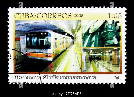 MOSKAU, RUSSLAND - 25. NOVEMBER 2017: Eine in Kuba gedruckte Briefmarke zeigt Tokio, Subway Serie, um 2008 Stockfoto