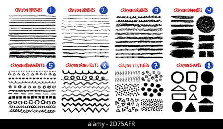 Mega Set von Hand gemalten Pastell Buntstifte Pinsel, Pinselstriche und Ornamente Stock Vektor