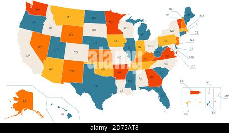 Farbige politische US-Karte mit Titeln der Staaten. Alle USA-Regionen werden getrennt und in einem Layerpanel benannt Stock Vektor