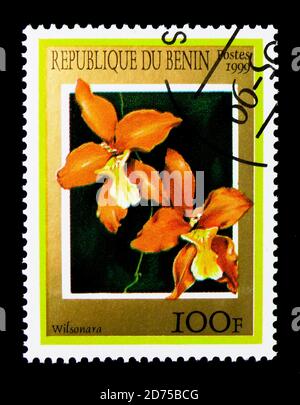 MOSKAU, RUSSLAND - 25. NOVEMBER 2017: Eine in Benin gedruckte Briefmarke zeigt Wilsonara, Orchids Serie, um 1999 Stockfoto