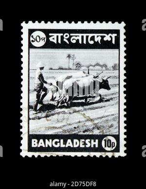 MOSKAU, RUSSLAND - 2. JANUAR 2018: Eine in Bangladesch gedruckte Briefmarke zeigt das Pflügen des Bauern, Bilder aus der Serie Bangladesh, um 1973 Stockfoto