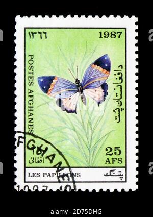 MOSKAU, RUSSLAND - 2. JANUAR 2018: Eine in Afghanistan gedruckte Briefmarke zeigt Butterfly, Serie, um 1987 Stockfoto