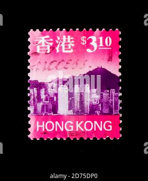 MOSKAU, RUSSLAND - 2. JANUAR 2018: Eine in Hongkong gedruckte Briefmarke zeigt Skyline von Hongkong, Serie, um 1997 Stockfoto