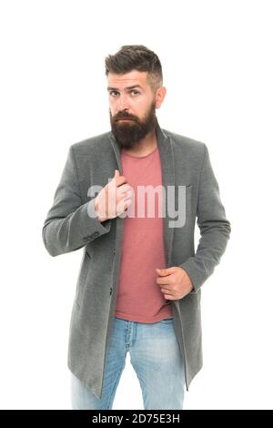 Wie gefällt Ihnen mein Stil? Bärtige Hipster brutale Person. Lässiges Outfit. Schule der guten Manieren. Tipps und Tricks schöner Mann. Attraktiv und hübsch. Bärtig und hübsch. Selbstverbesserungskonzept. Stockfoto