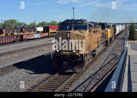 Zwei Union Pacific-Diesellokomotiven schleppen an einem Morgen im Juni einen Zug mit containerisierten Gütern durch Laramie, Wyoming, USA. Stockfoto