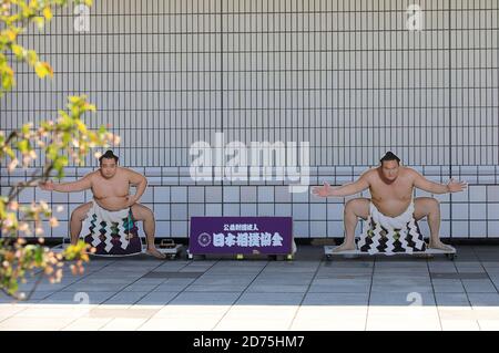 Ausschnitte von Sumo-Ringer werden außerhalb der Ryogoku Sumo Hall angezeigt.Sumida.Tokyo.Japan Stockfoto