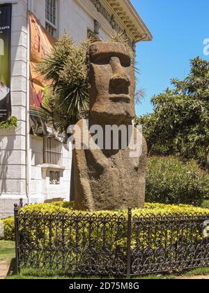 Vina Del Mar, Chile - 8. Dezember 2008: Nahaufnahme einer hohen Moai-Statue aus Brwon-Stein von der Osterinsel vor dem Eingang zu Fonck archeologi Stockfoto