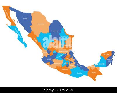 Bunte politische Landkarte von Mexiko. Verwaltungsabteilungen - Staaten. Einfache flache Vektorkarte mit Beschriftungen. Stock Vektor