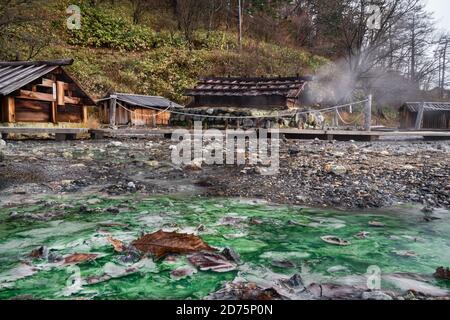 Heiße Quellen in Japan, die aus dem Boden kommen. Das Wasser ist grün von Schwefel und die Luft ist dampfig. Stockfoto