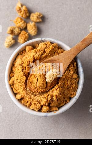 Maulbeerfrucht Pulver. Eine Schüssel mit getrocknetem Maulbeerpulver und getrockneten Maulbeerfrüchten. Stockfoto