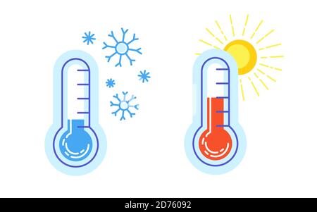 Heiß- und kalt-Icon-Thermometer. Warm mit Sonne, Kälte und Schneeflocken Meteorologie Thermometer celsius und fahrenheit. Vector Outdoor Temperatur Cartoon Logo. Flaches Webschild Stock Vektor