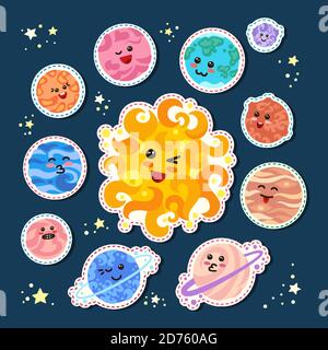 Mode Patch Planeten um die Sonne. Raum mit niedlichen Emoticons kawaii, Cartoon Gesichter. Cartoon Sonnensystem Namen. Astronomisches Observatorium. Vektor Sonne Mond Merkur venus Erde mars jupiter saturn neptun Stock Vektor