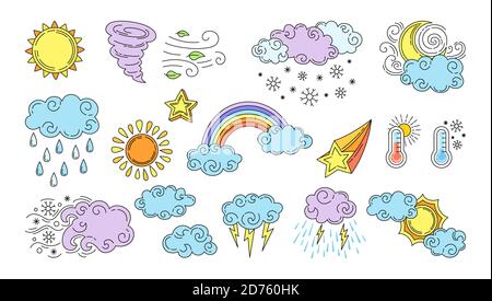 Wetter Cartoon-Set. Linie Sonne und Wolken, Regen oder Schnee, Blitz, Mond und Stern, Regenbogen. Umrisssymbole prognostizieren das Wetter. Vektor Umriss farbige flache Kollektion. Meteorologische Infografiken Zeichen Stock Vektor