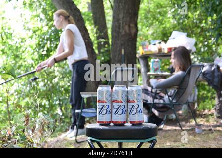 KHARKOV, UKRAINE - AUGUST 22 2020: Viele Dosen von Budweiser Lager Alkoholbier liegt auf Fischgründen. Budweiser ist Marke von Anheuser-Busch Inbev Stockfoto