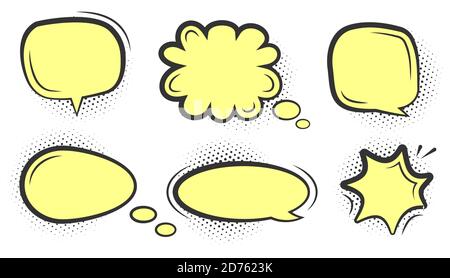 Comic Sprechblase Set. Verschiedene Formen blank Pop Art Linie Doodle Blasen. Cartoon leere Textwolken mit Halbton-Punktschatten. Vorlage für Comics-Nachrichtenballons. Isoliert auf weißer Vektorgrafik Stock Vektor